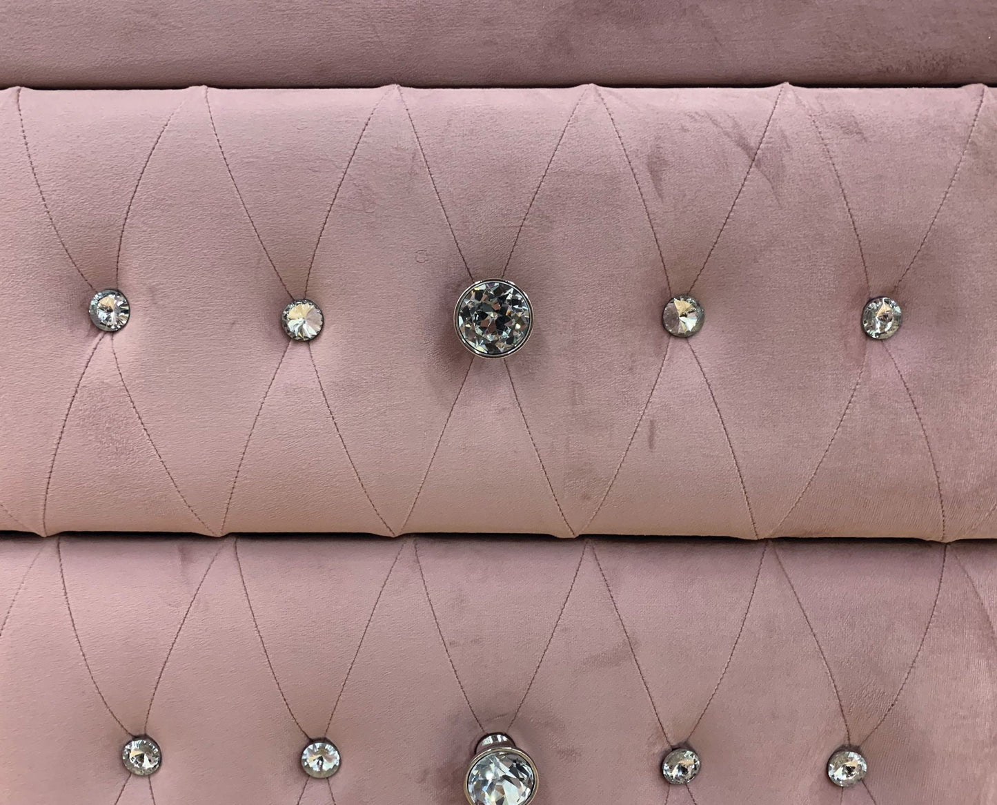 Reggie pink tufted chest accent table with diamond stitching and crystal button accents on Tampa Home & Garden Store