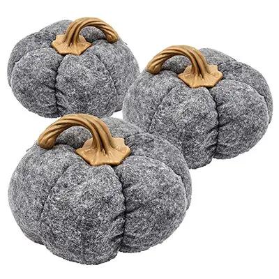 Pumpkin ornament sculptures gray stone-textured set of 3 with gold stems on Tampa Home & Garden Store