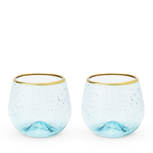 Aqua Bubble Stemless Wine Glasses and Gold Rim