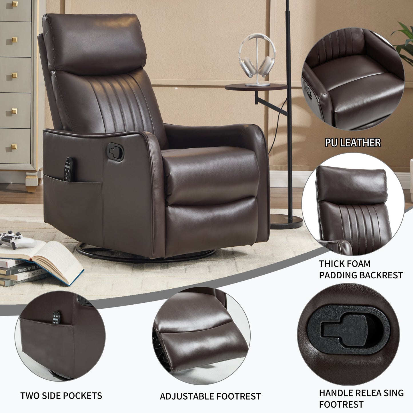 Brown faux leather recliner with heat massage and remote pocket on Tampa Home & Garden Store