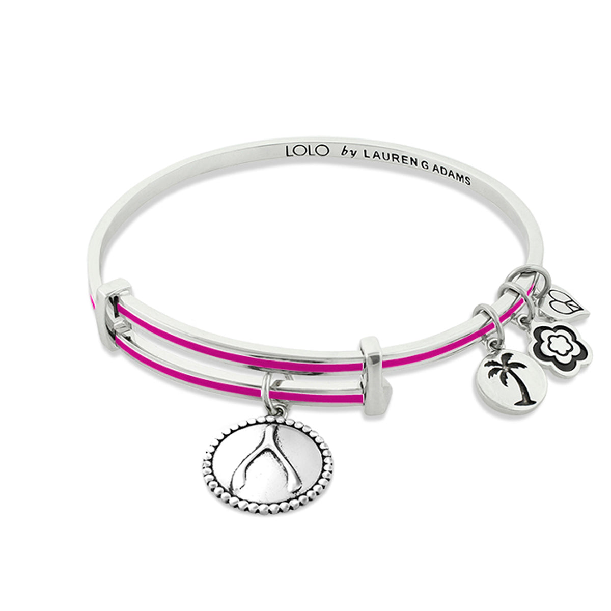 Lolo Wish Bone Bangle by Lauren G Adams, white bracelet with pink stripe and 3 charms including palm tree on Tampa Home & Garden Store