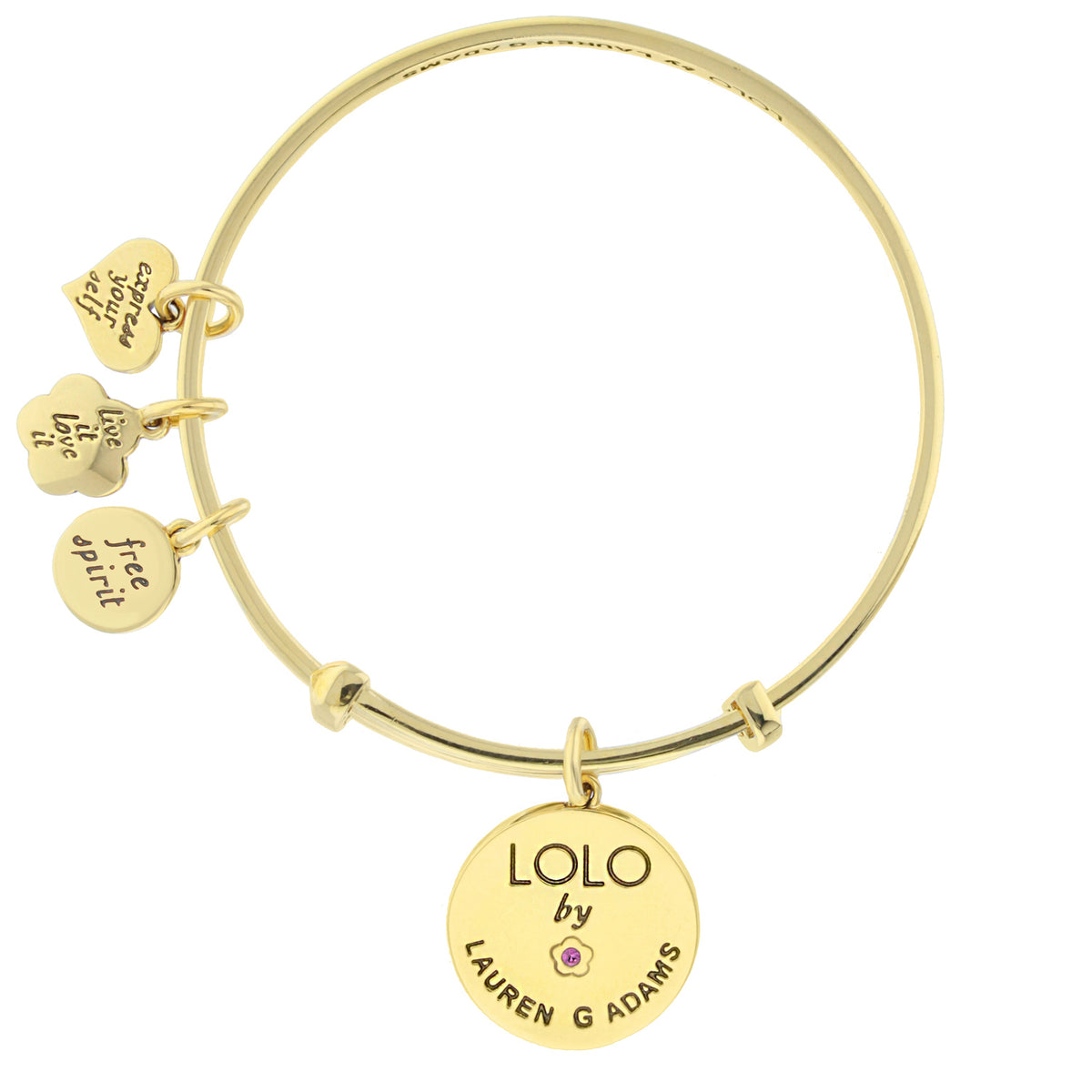 Lolo Yin Yang Bangle bracelet in gold with gold heart charms and LOLO pendant by Lauren G Adams on Tampa Home & Garden Store