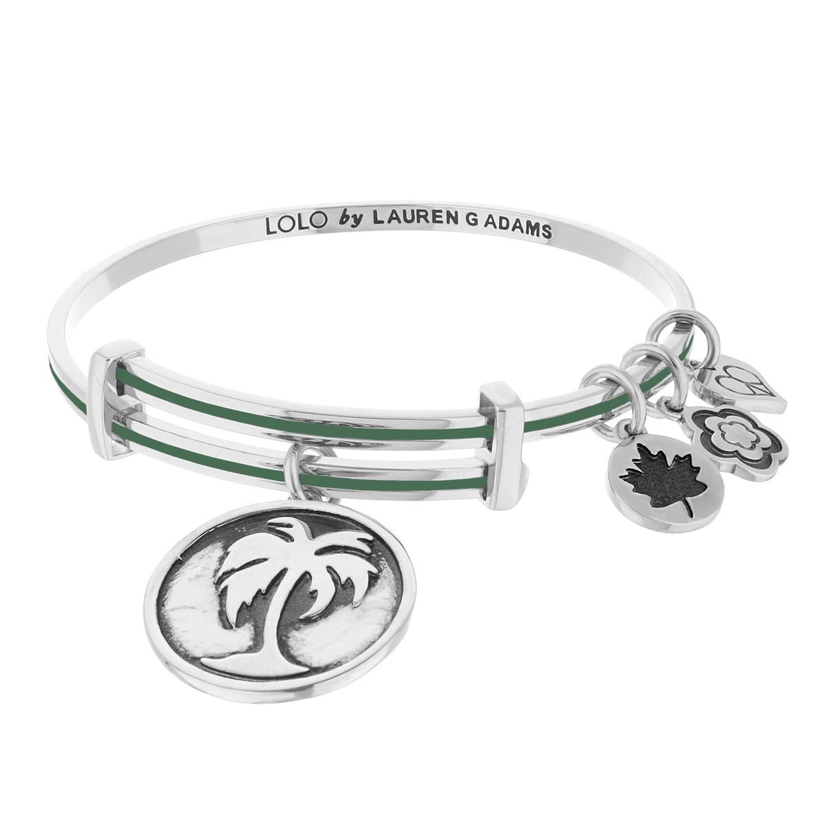 Lolo Palm Tree Bangle by Lauren G Adams, silver bracelet with green enamel palm charms on Tampa Home & Garden Store