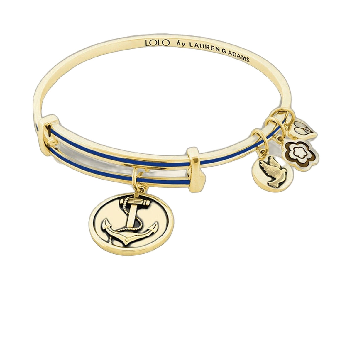 Lolo Anchor Bangle by Lauren G Adams, goldtone bracelet with blue enamel and anchor charm on Tampa Home & Garden Store
