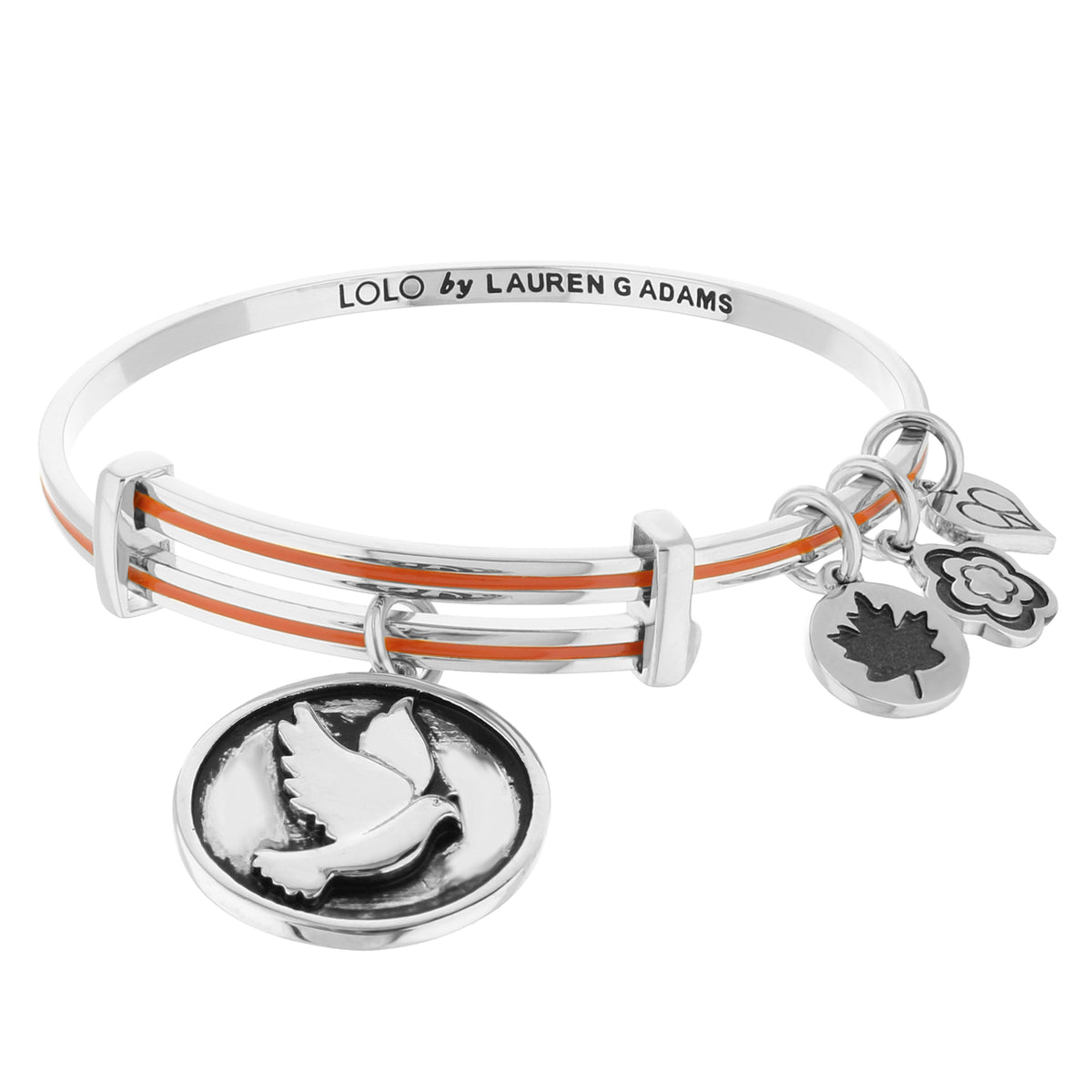 Lolo Dove Bangle bracelet by Lauren G Adams, silver-tone with orange accents and charm discs on Tampa Home & Garden Store