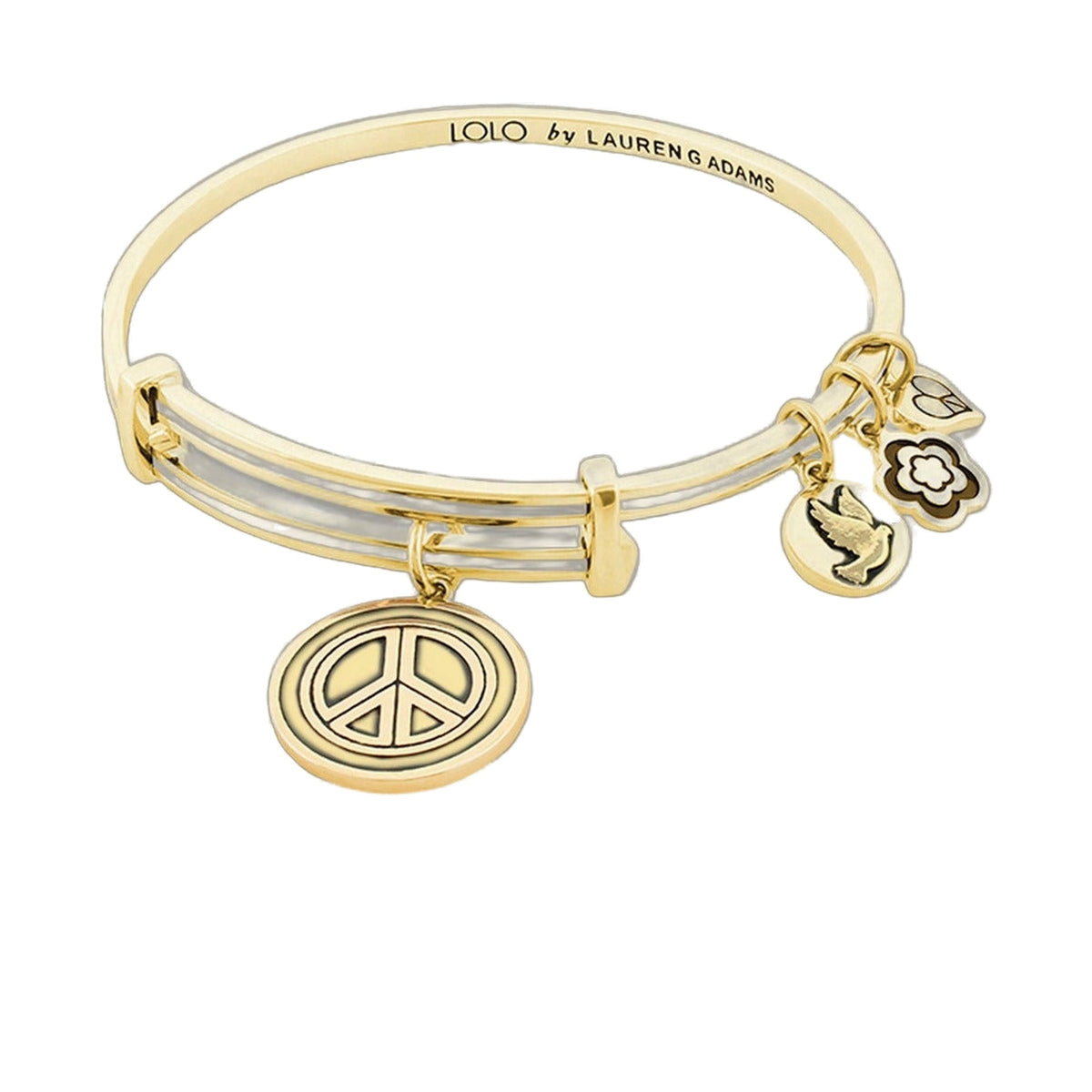 Lolo Peace Bangle by Lauren G Adams, gold-tone bangle with peace pendant charms on Tampa Home & Garden Store