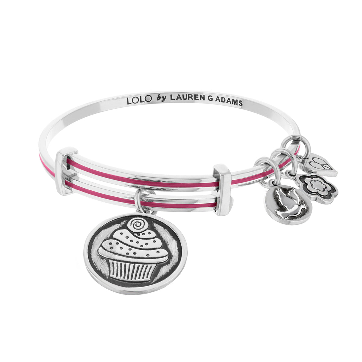 Lolo Cupcake Bangle by LAUREN G ADAMS with pink accent bands and cupcake charm disc on Tampa Home & Garden Store