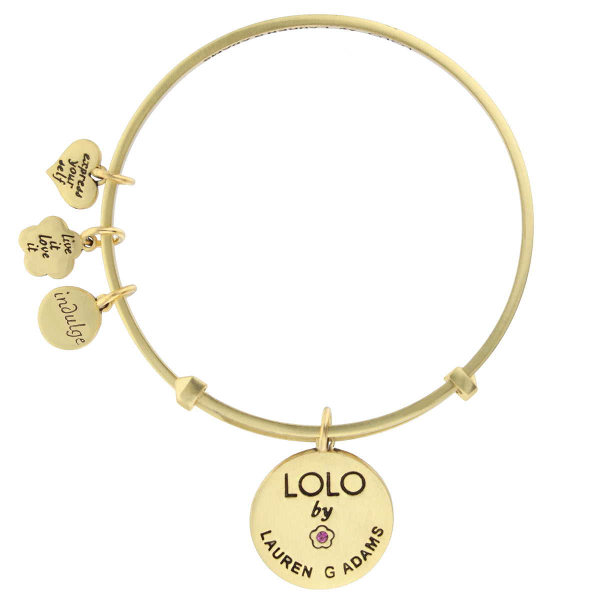 Lolo Good Luck Bangle by Lauren G Adams, gold tone bracelet with engraved disc charms on Tampa Home & Garden Store