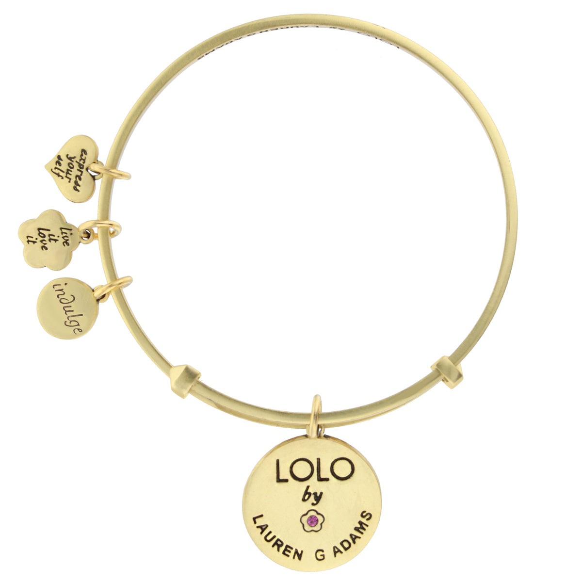 Gold-tone Lolo Cruising Bangle by Lauren G Adams with engraved round charms and pink gem flower on Tampa Home & Garden Store