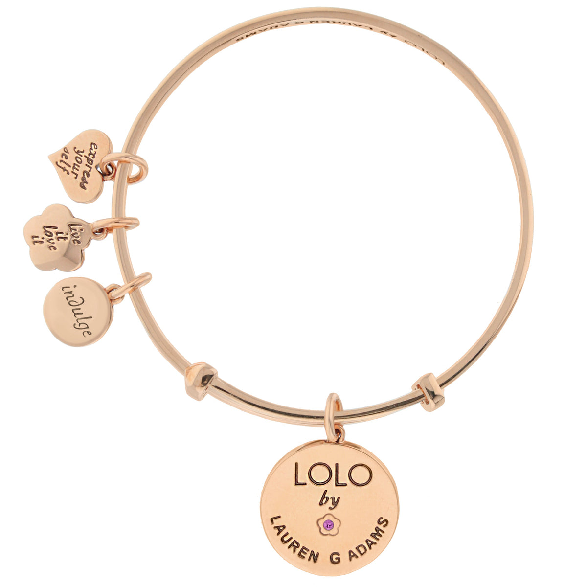 Lolo Cruising Bangle bracelet rose gold by Lauren G Adams with engraved charm discs on Tampa Home & Garden Store