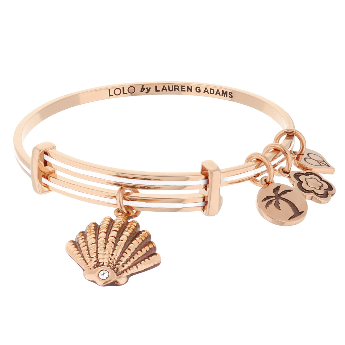 Lolo Clam Shell Bangle in rose gold with LOLO by LAUREN ADAMS engraving and shell charms on Tampa Home & Garden Store