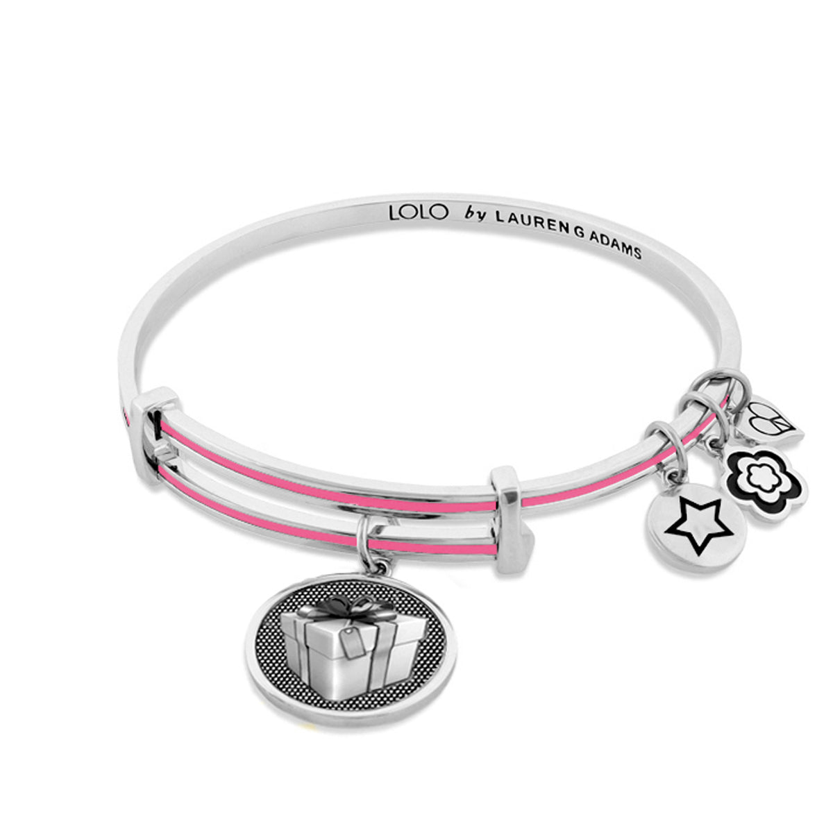 Lolo Gift Box Bangle by Lauren G Adams, silver-tone bracelet with pink accent and multiple charms on Tampa Home & Garden Store