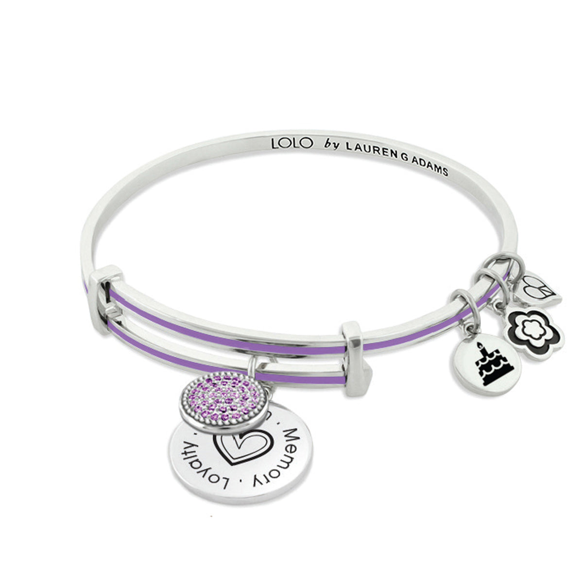 January Birthstone Color Bangle by Lauren G Adams; white with purple stripe and charms on Tampa Home & Garden Store