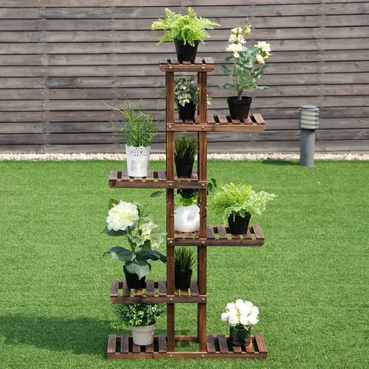 Six-tier wooden plant rack stand with brown slatted shelves and potted plants on Tampa Home & Garden Store