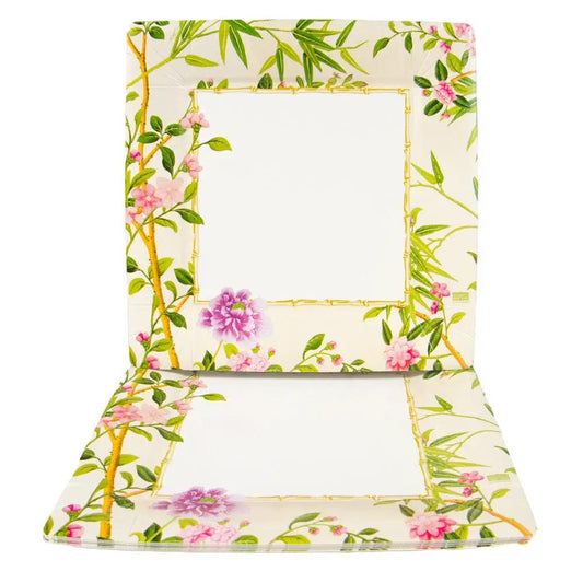 Caspari Wellington Ivory Dinner Plate disposable with bamboo border and pink floral blooms on Tampa Home & Garden Store