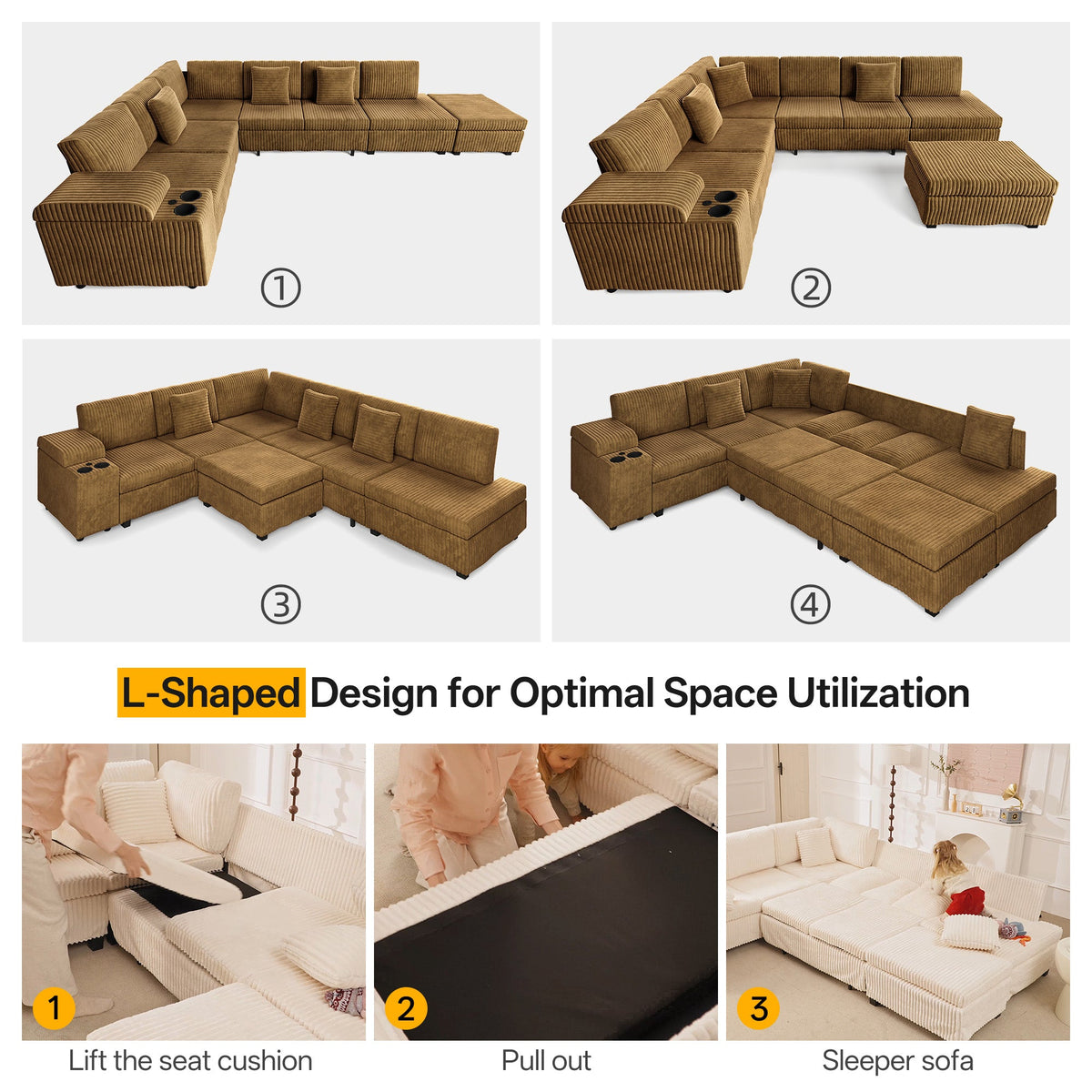 Luxury Camel L Shaped Sofa And Ottoman Set
