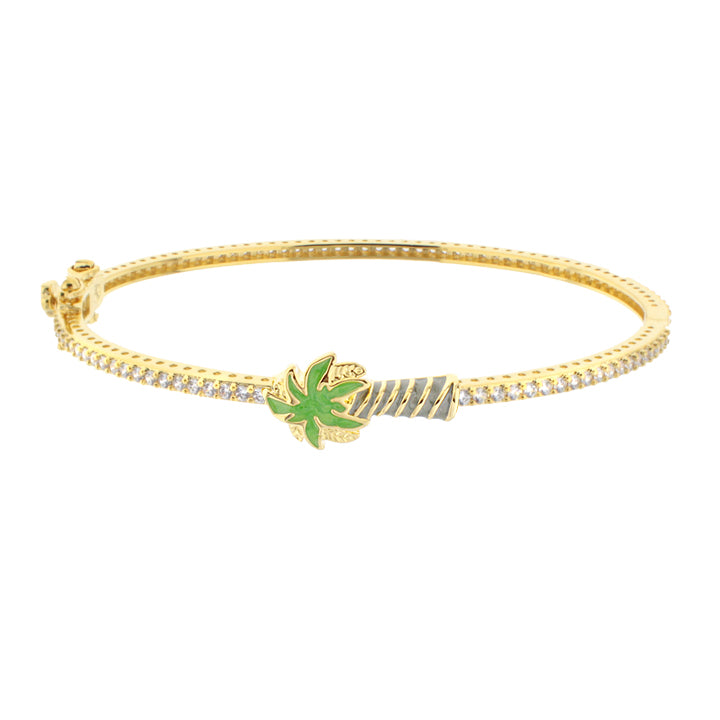 Eau Palm Tree Bangle — Slim Pavé Hinge gold-tone bracelet with green enamel palm leaf charm by Lauren G Adams on Tampa Home & Garden Store