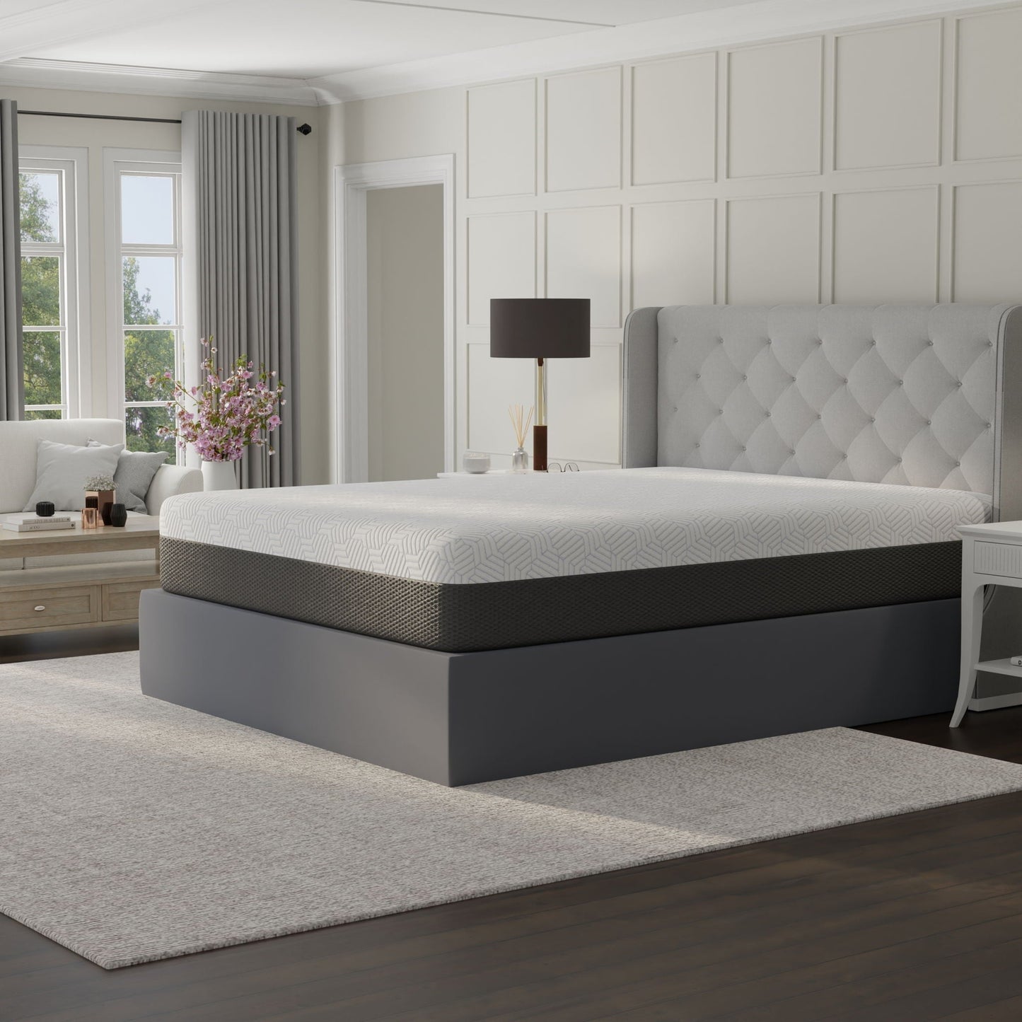 Pur Chill 12\" Soft Hybrid Mattress with phase-change cooling fabric on a gray upholstered bed on Tampa Home & Garden Store