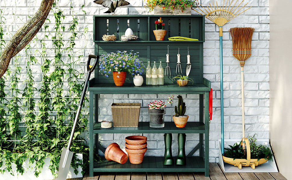 TOPMAX 65in Large Wooden Farmhouse Potting Bench teal-green with shelves HouseOfZazla on Tampa Home & Garden Store