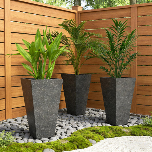 Stackable taper planters set of 3 in speckled black finish with green plants on Tampa Home & Garden Store