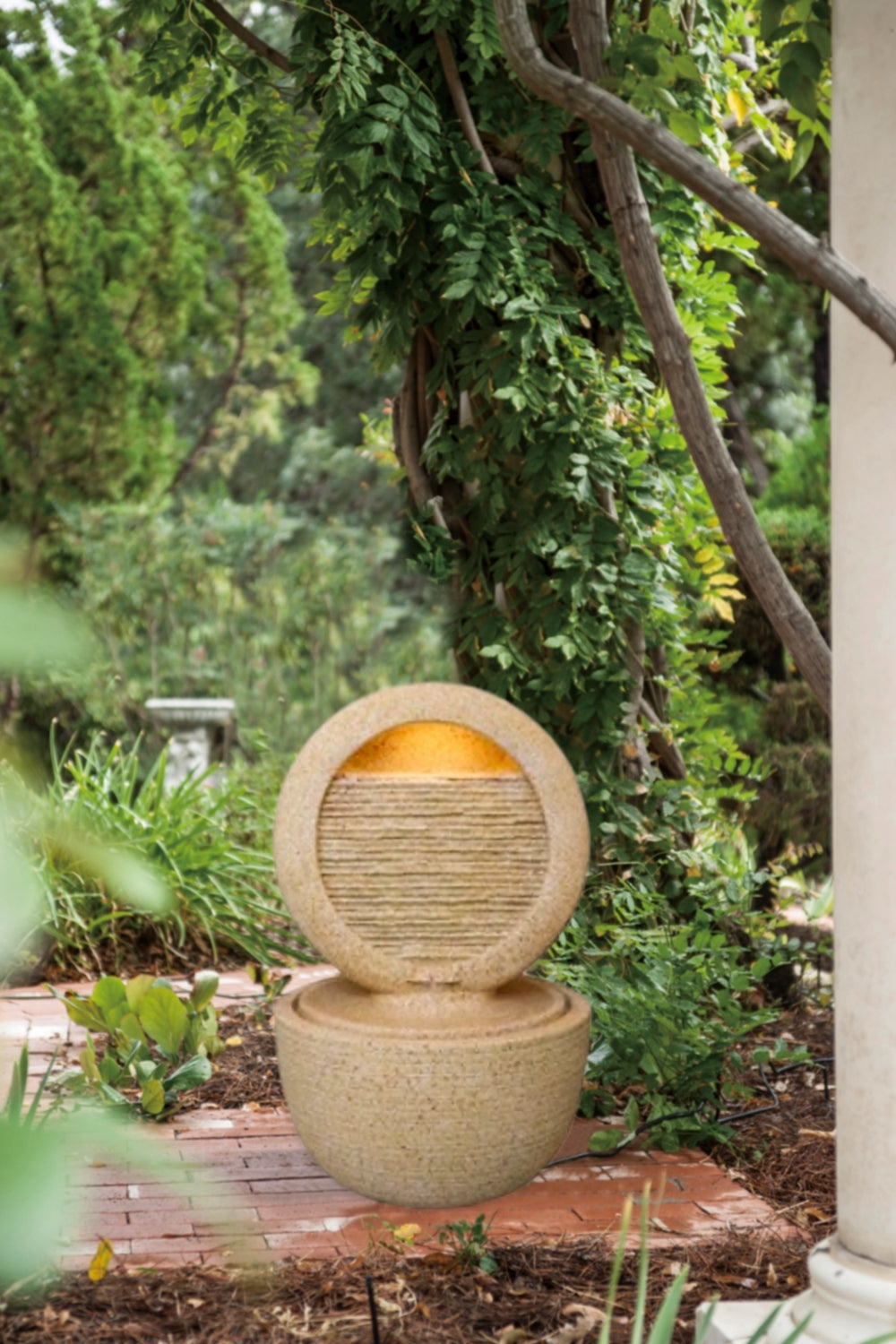 Cement round water fountain with light and pump, beige two-tier pedestal garden decor on Tampa Home & Garden Store