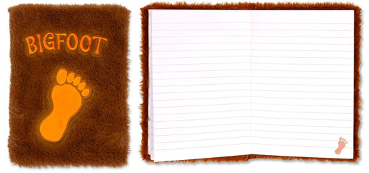 Plush Bigfoot Fur Notebook brown fuzzy cover with orange footprint motif and lined pages on Tampa Home & Garden Store