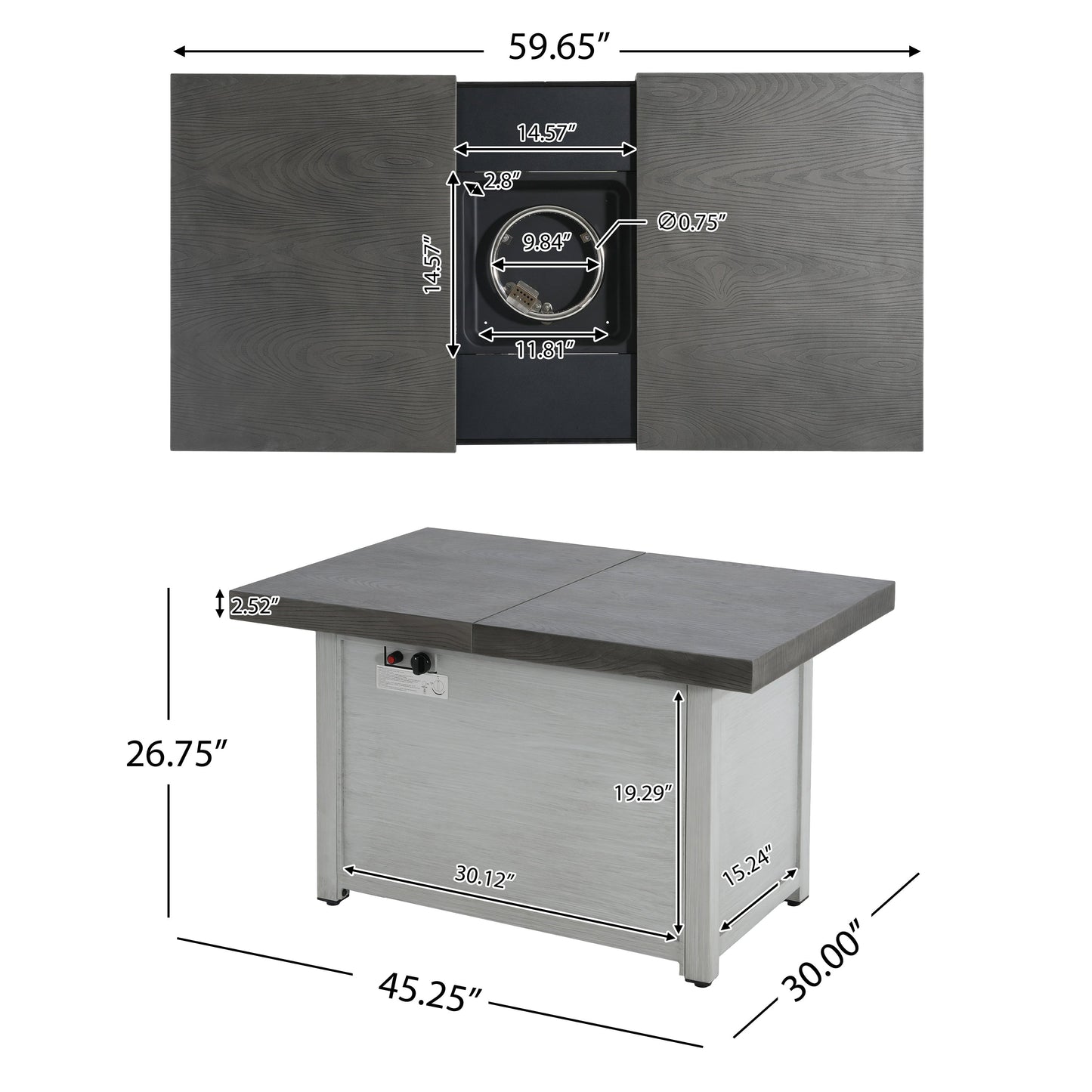 Extendable rectangle aluminum fire pit table with gray wood-grain panels and 50,000 BTU on Tampa Home & Garden Store
