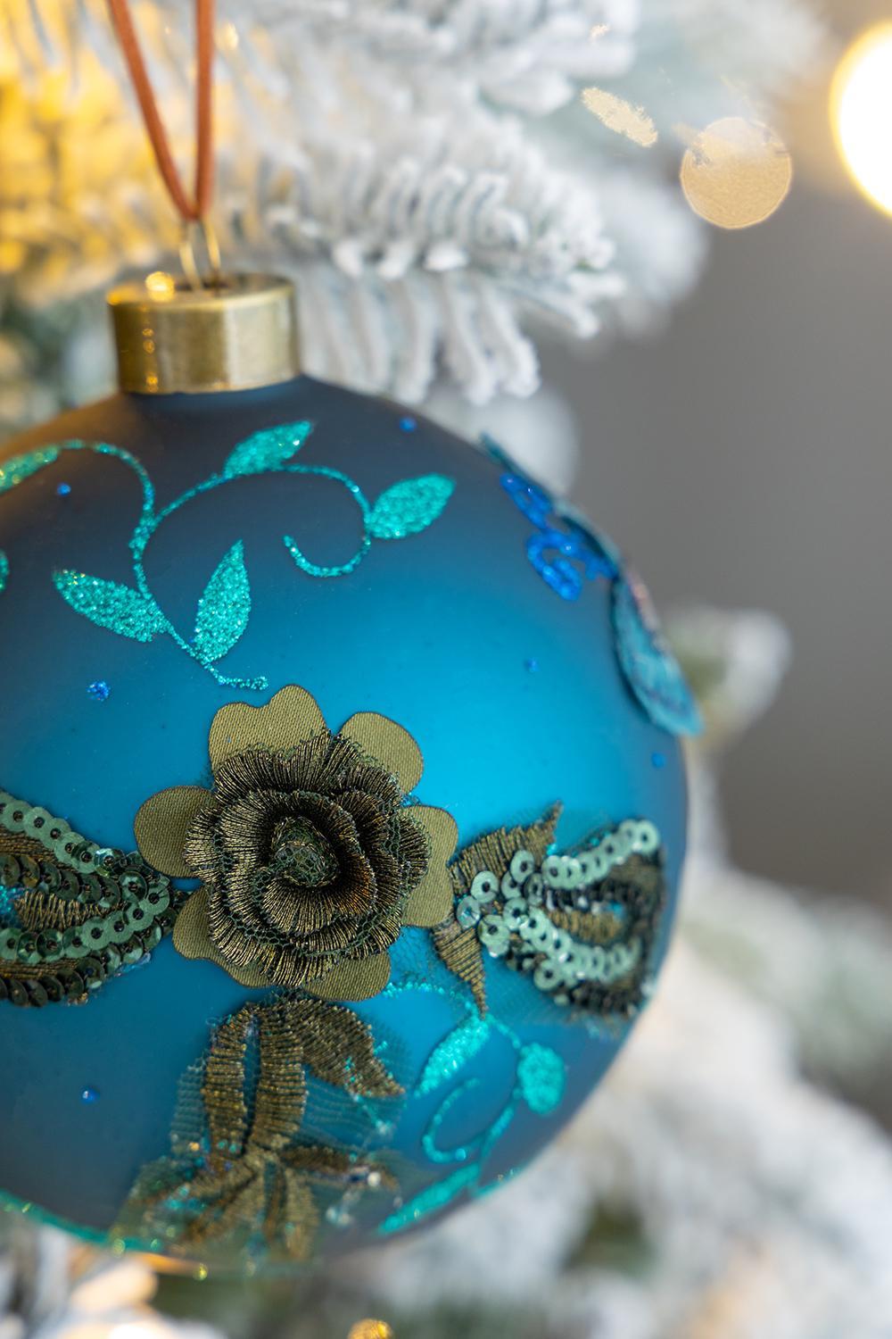 Glass Christmas ball ornament light blue by HouseOfZazla with gold cap and teal floral lace on Tampa Home & Garden Store