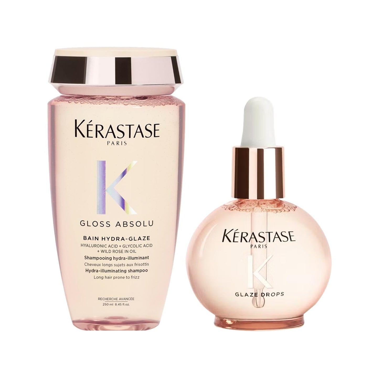 Kérastase hair care duo: Hydra-Glaze shampoo and Glaze Drops in pink with rose caps on Tampa Home & Garden Store