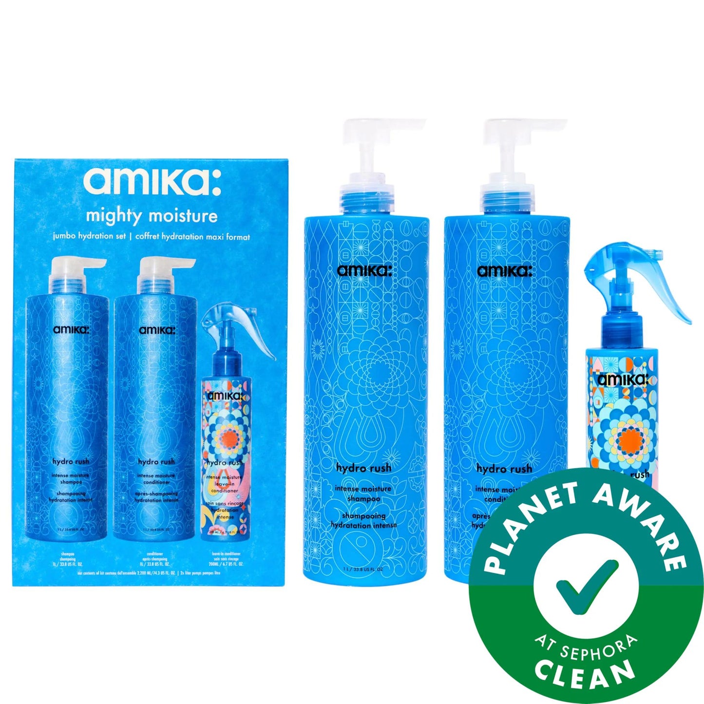 amika mighty moisture hydration set: 3-piece kit with shampoo, conditioner & leave-in spray on Tampa Home & Garden Store