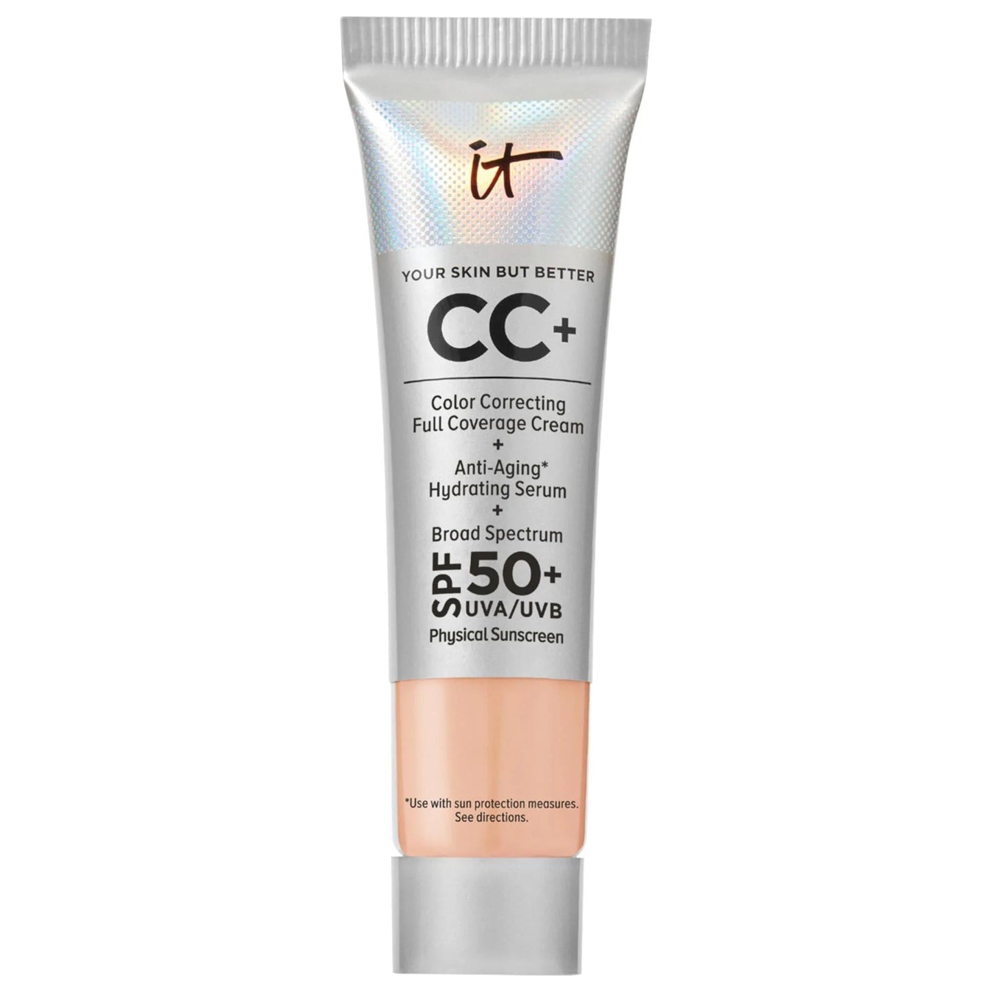 Foundation IT Cosmetics CC+ Cream mini tube with SPF 50+ in silver package and peach cap on Tampa Home & Garden Store