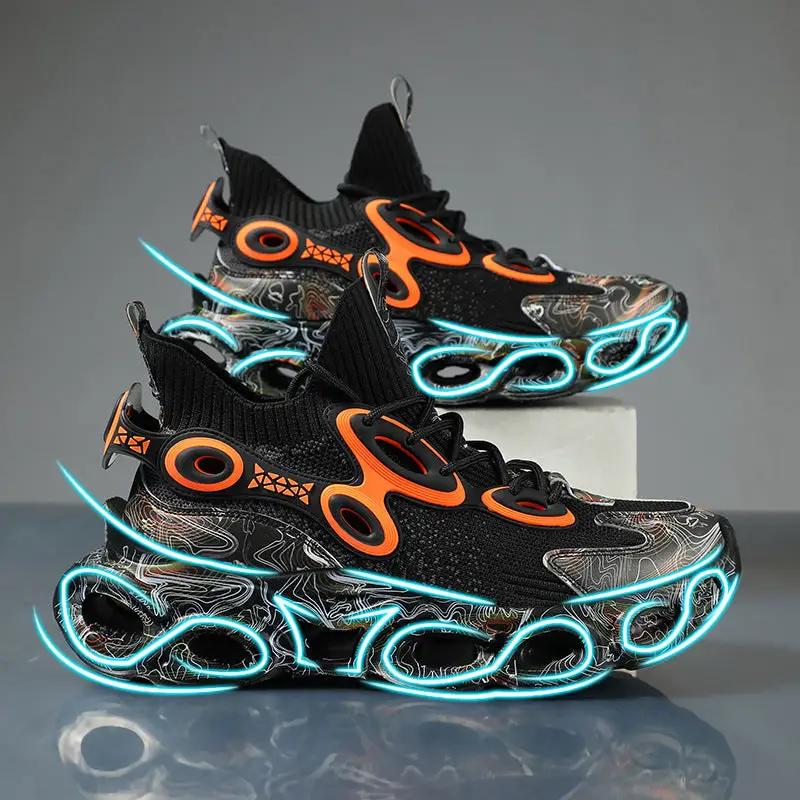 Galaxy Blade Sneaker FLIPSTYLEZLLC black upper with orange accents and neon blue glow on sole on Tampa Home & Garden Store