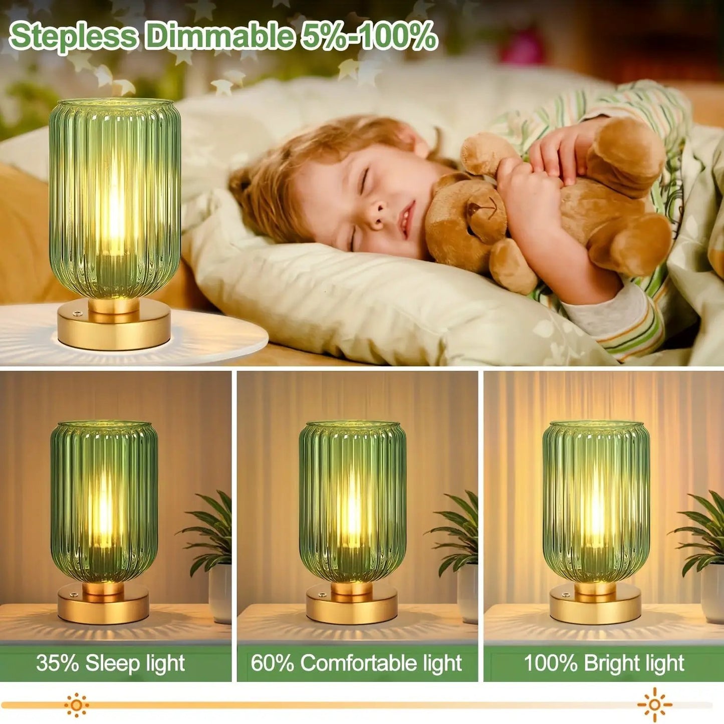 Moktan Sabai cordless touch table lamp, green ribbed glass, brass base, dimmable LED light on Tampa Home & Garden Store