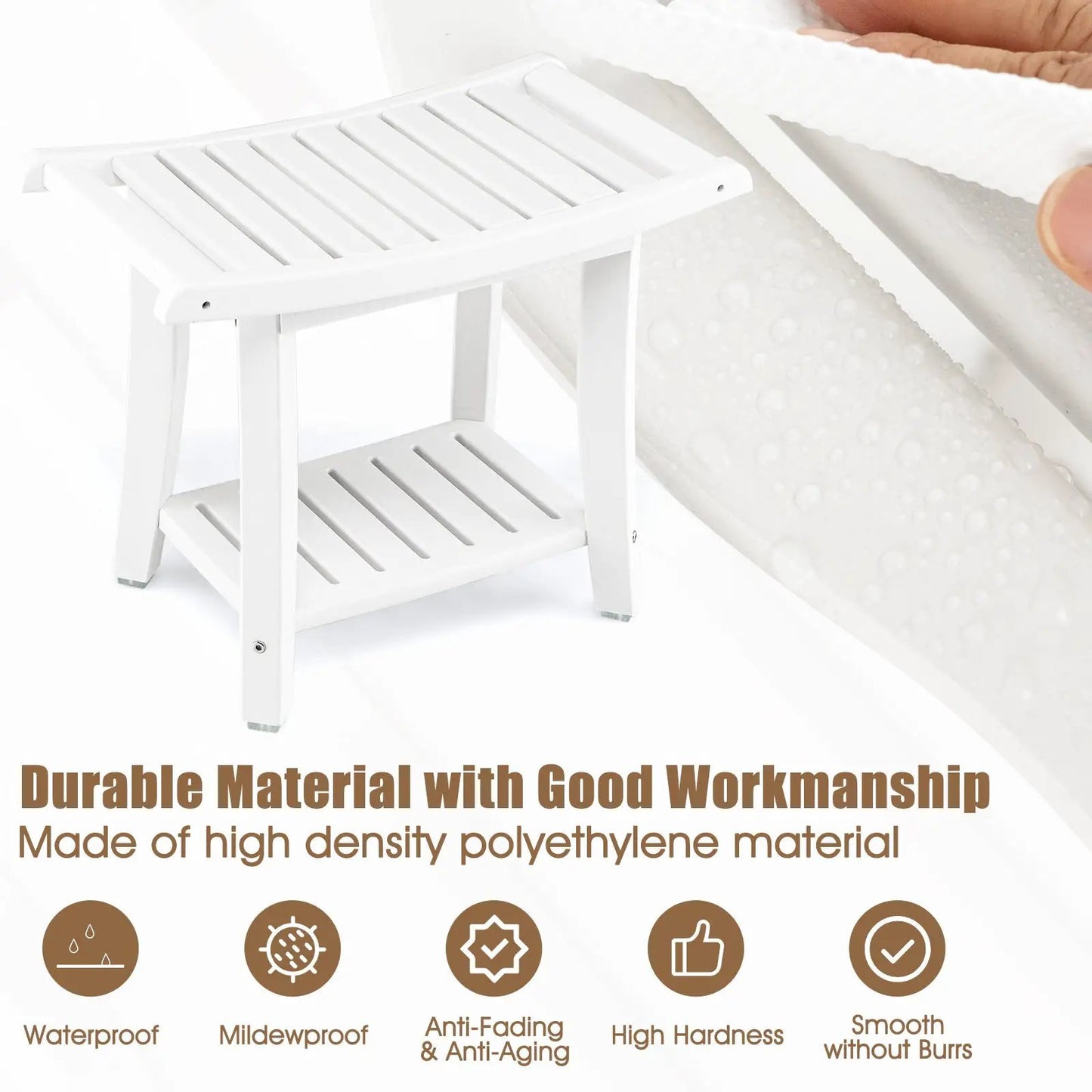 White waterproof bath stool with curved slatted seat and lower shelf, shower bench on Tampa Home & Garden Store