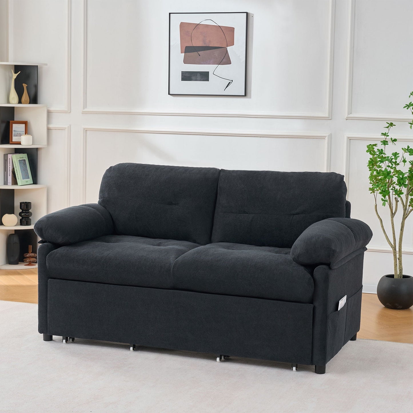 HouseOfZazla Convertible Pull-Out Sofa Bed, queen size, dark charcoal fabric with side storage on Tampa Home & Garden Store