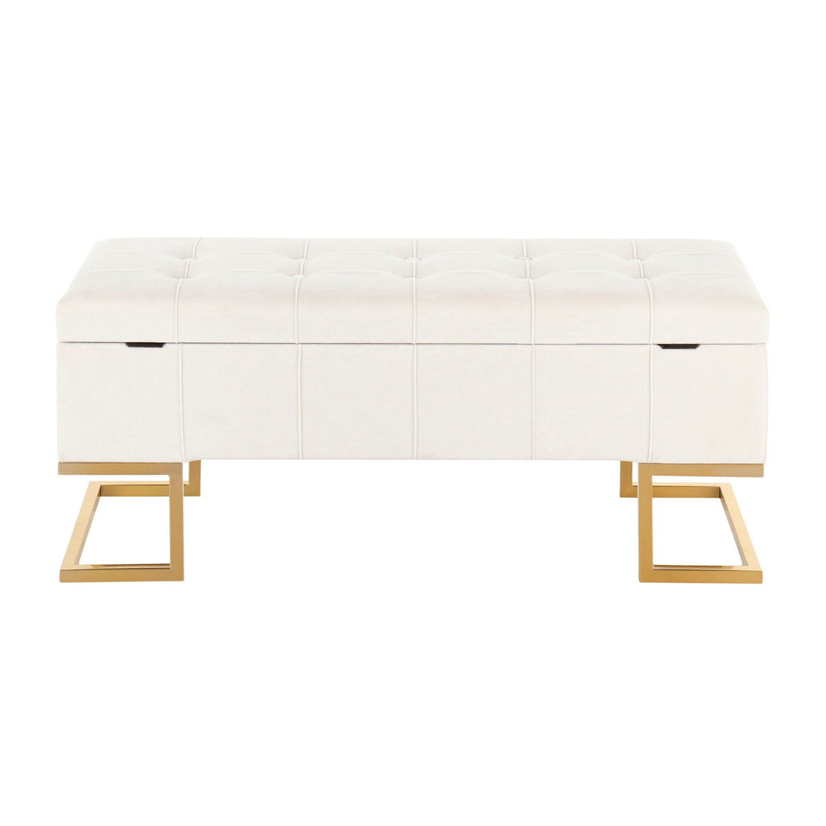 Contemporary white tufted storage bench with flip-top lid and gold metal legs on Tampa Home & Garden Store