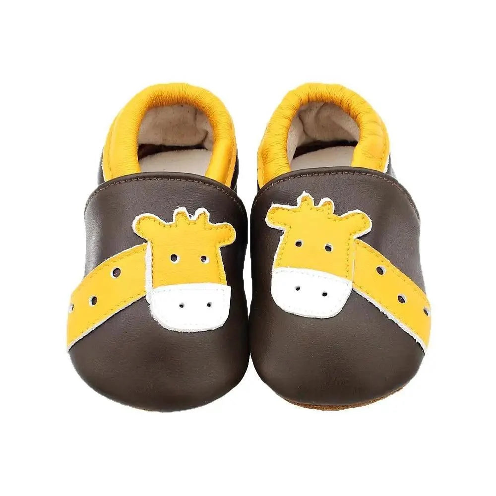 Stevvex baby leather newborn booties brown with yellow giraffe strap moccasins pair on Tampa Home & Garden Store