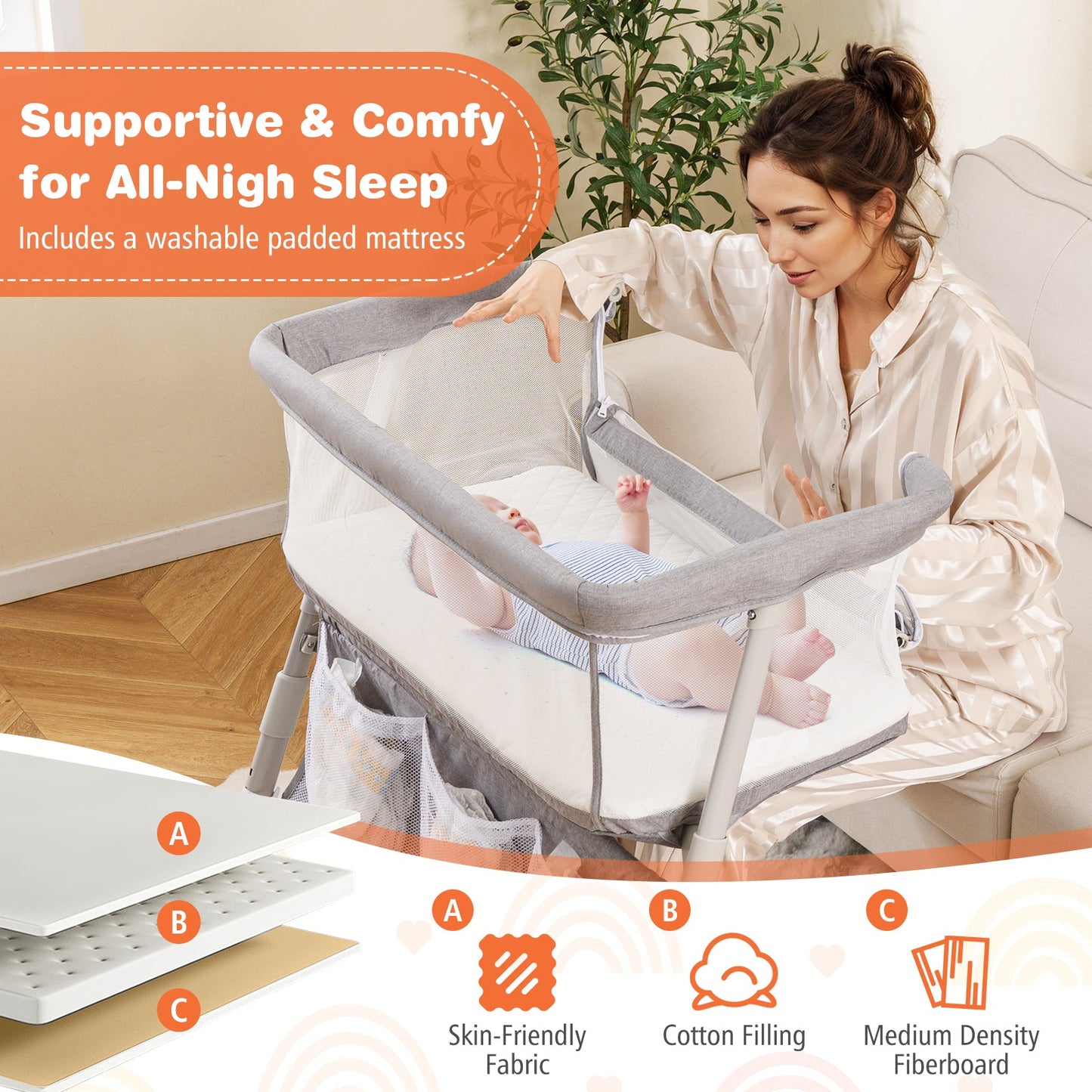 Baby Bassinet Bedside Crib with Adjustable Height in grey fabric and mesh sides DirectDeals on Tampa Home & Garden Store