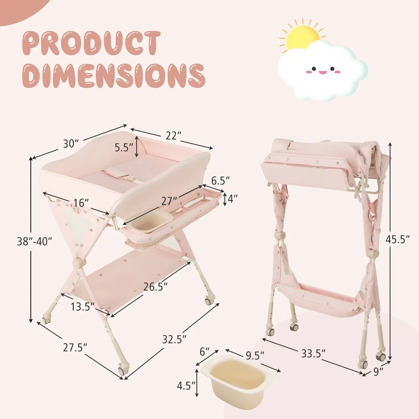 Baby diaper changing table with water basin and wheels in pink by DirectDeals on Tampa Home & Garden Store