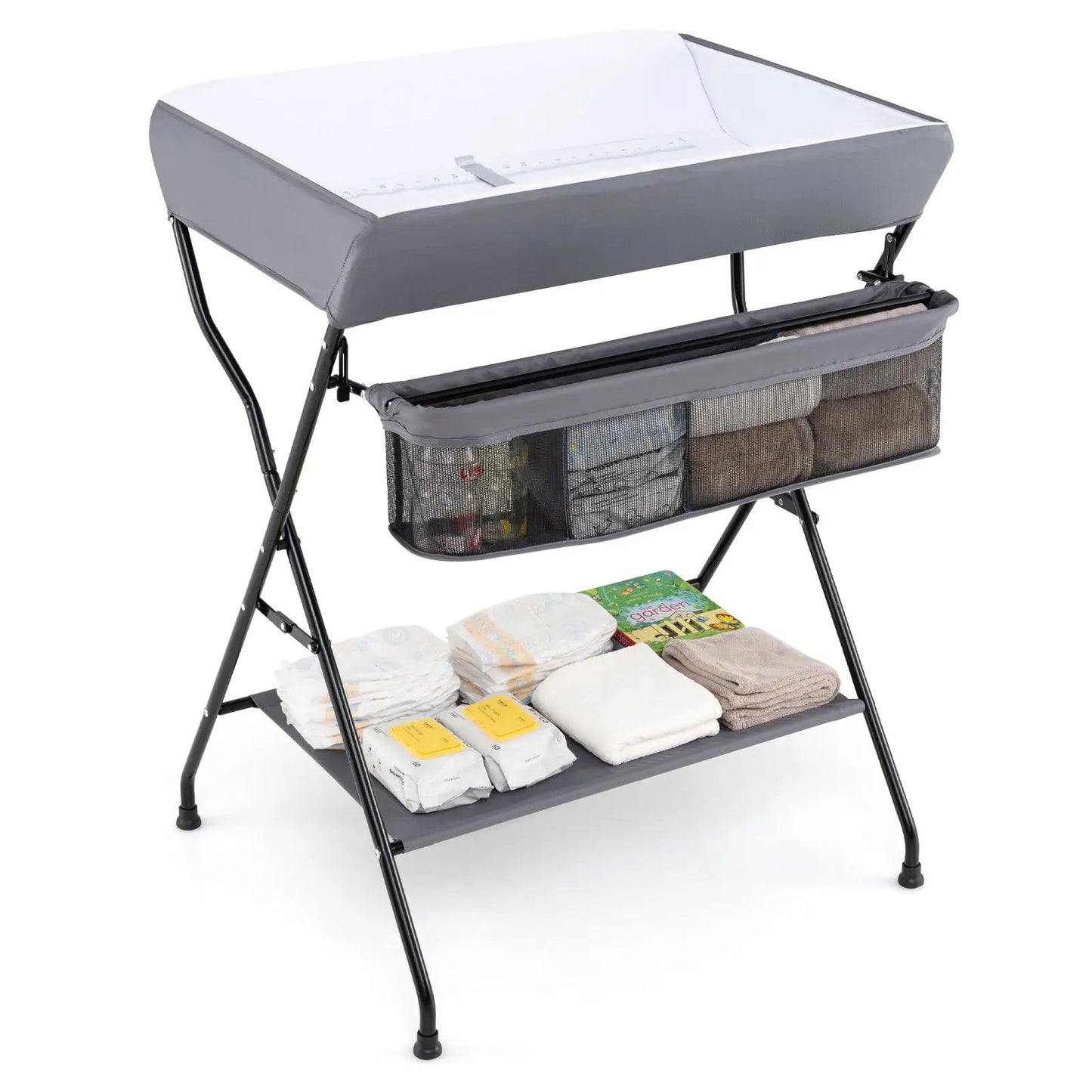 Baby Storage Folding Diaper Changing Table with black frame and mesh organizer under the changing surface on Tampa Home & Garden Store