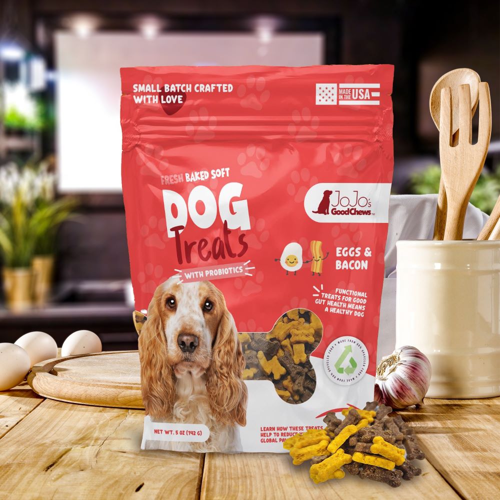 Fresh Baked Eggs and Bacon soft dog treats by JoJo's Good Chews, red bag on Tampa Home & Garden Store