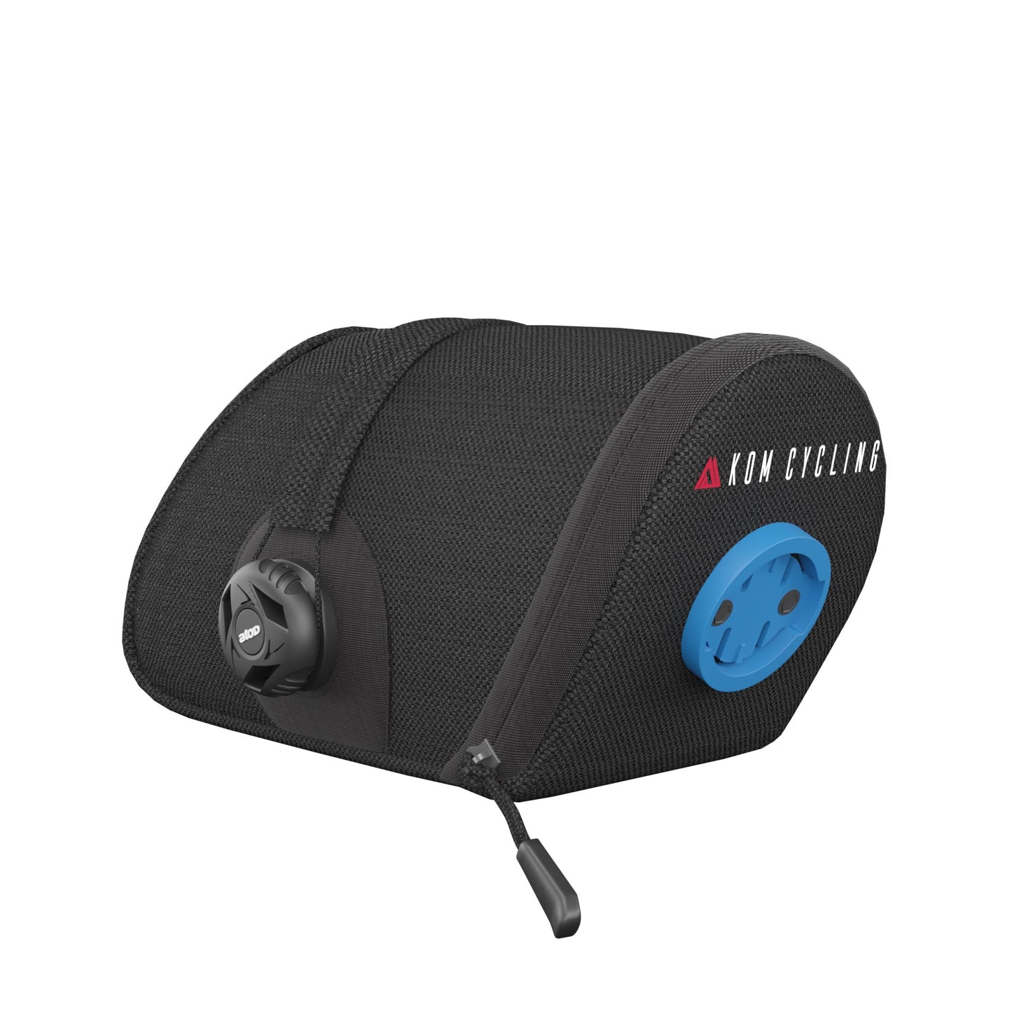 Saddle bag small KOM Cycling, black fabric with blue circular mount and KOM Cycling logo on Tampa Home & Garden Store