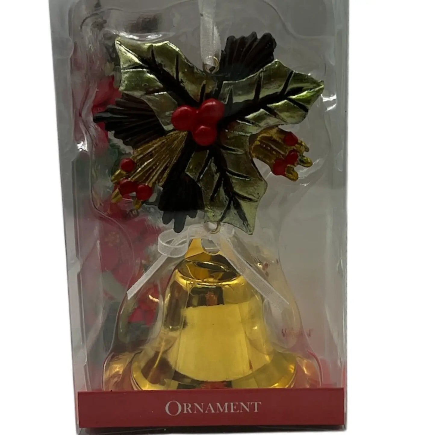 Christmas Blessings Gold Bell Ornament with Holly, gold metal with red berries on Tampa Home & Garden Store