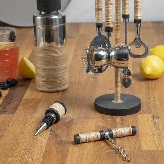 Bailey rattan hanging bar tool set with corkscrew, bottle opener and strainer on wooden stand on Tampa Home & Garden Store