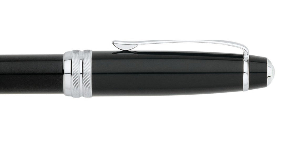 Bailey Black Lacquer Rollerball Pen by A.T. Cross, black body with silver clip, close-up on Tampa Home & Garden Store