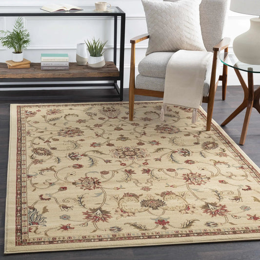 Bajadero Oushak Rug in Polypropylene beige field with ornate border in living room setting on Tampa Home & Garden Store
