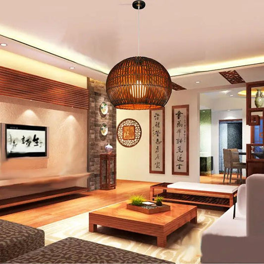 Bamboo Art Lamp and Rattan Chandelier, brown woven pendant over a coffee table in a living room on Tampa Home & Garden Store