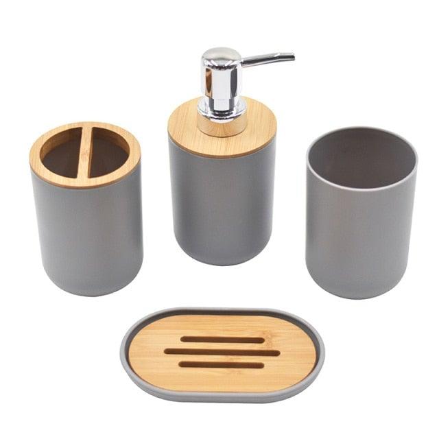 Stevvex bamboo bathroom set with grey dispenser, dual-slot toothbrush holder, soap dish on Tampa Home & Garden Store