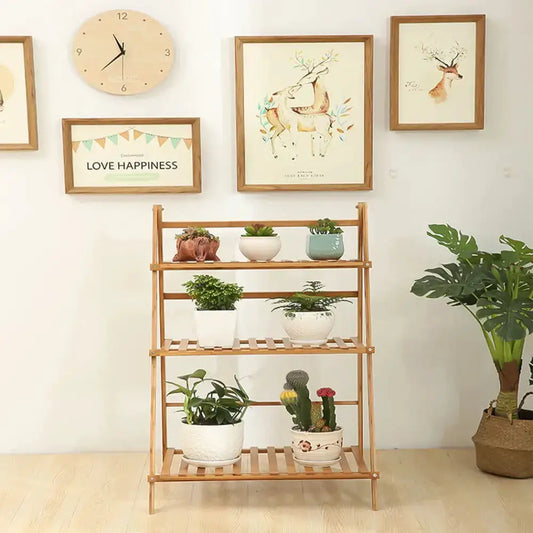 Three Tier Foldable Bamboo Plant Stand by Decorbites, natural bamboo plant shelf for indoors on Tampa Home & Garden Store