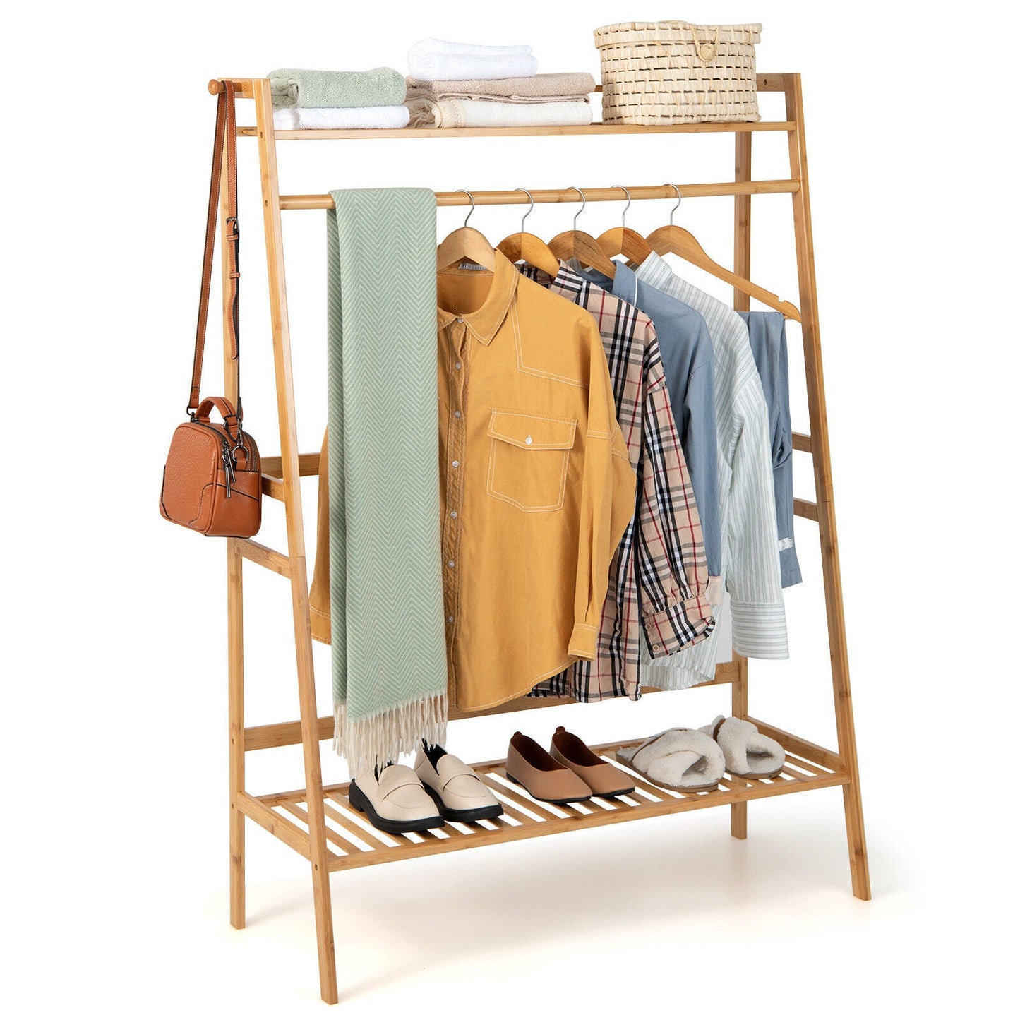 Bamboo Clothing Rack with Storage Shelves Natural finish by DirectDeals garment rack on Tampa Home & Garden Store